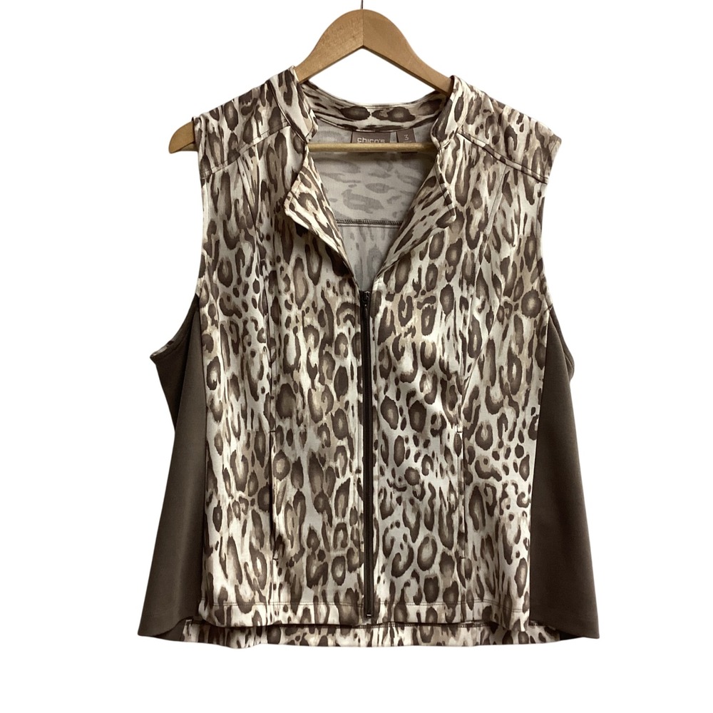 Chico's Animal Print Sleeveless Zip Up Vest Pockets Brown‎ Tan Size Large 12